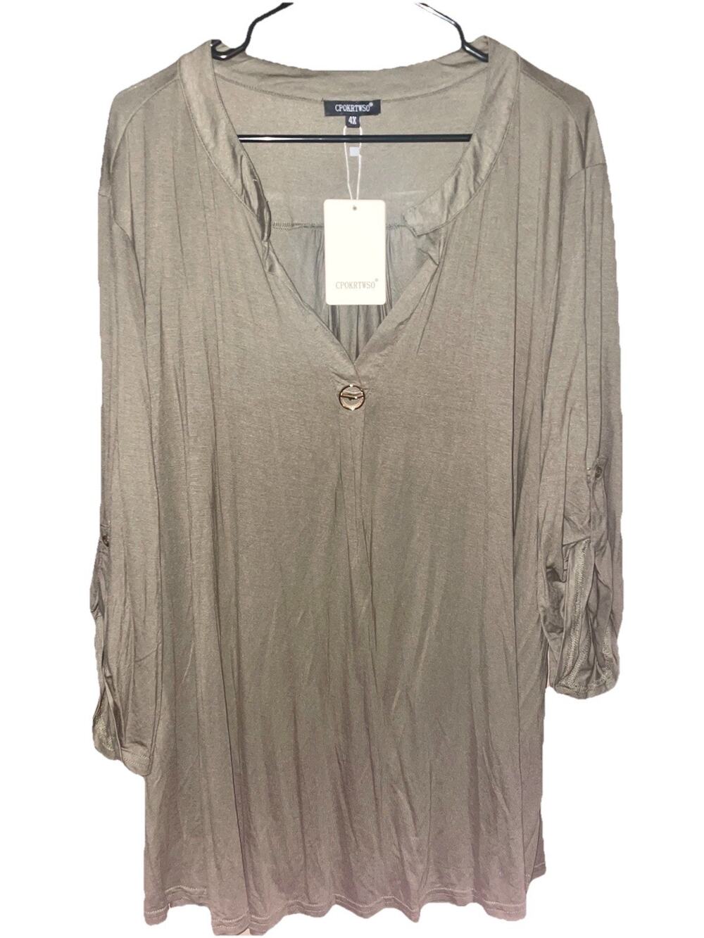 Cpokrtwso Women’s Tunic Blouse 3/4 Sleeves V-neck Soft Sz 4X Green NEW Gold